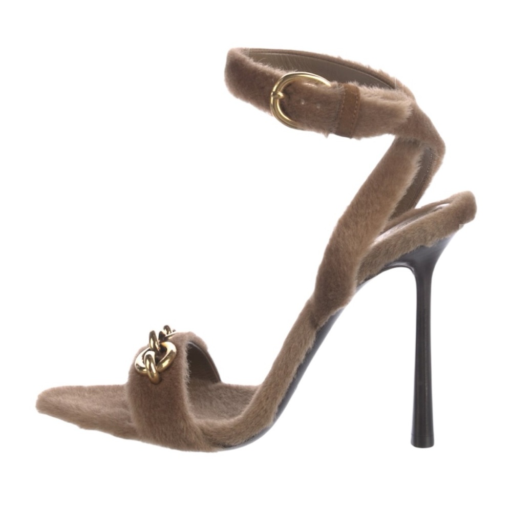 Saint Laurent Tan Fur High Heel Shoes with Gold Chain